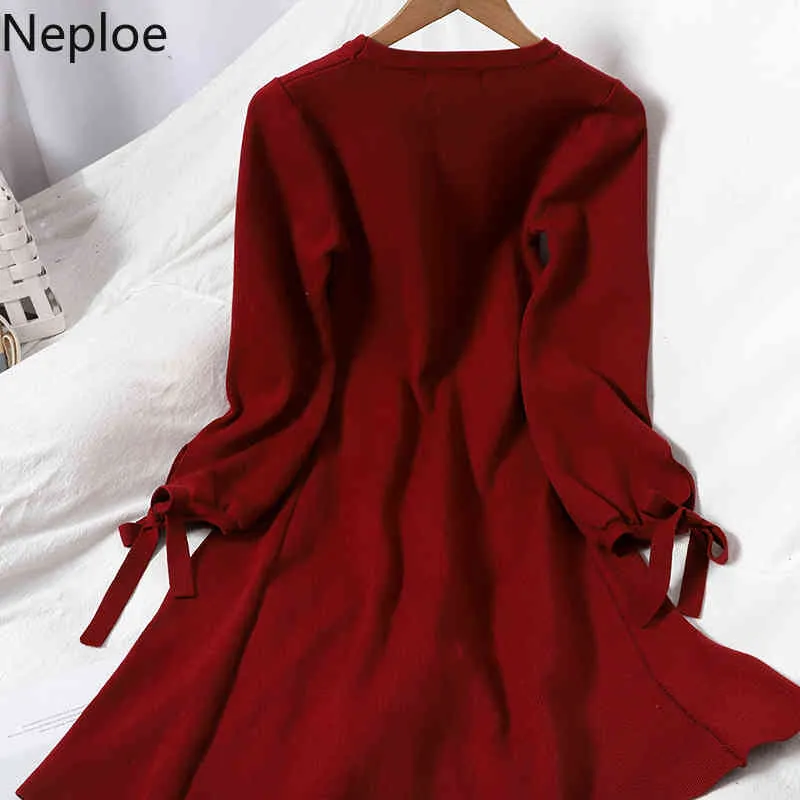 Neploe coréen robe simple boutonnage femme couleur unie tout match tricoté robes à lacets col rond taille mince robes minces femmes 210422