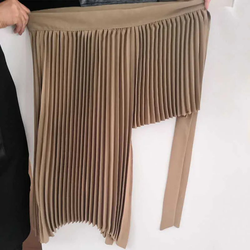 Spring Irregular Sashes Mid Calf Women Pleated Skirt Khaki Vintage High Waist Casual s Female Faldas 210621