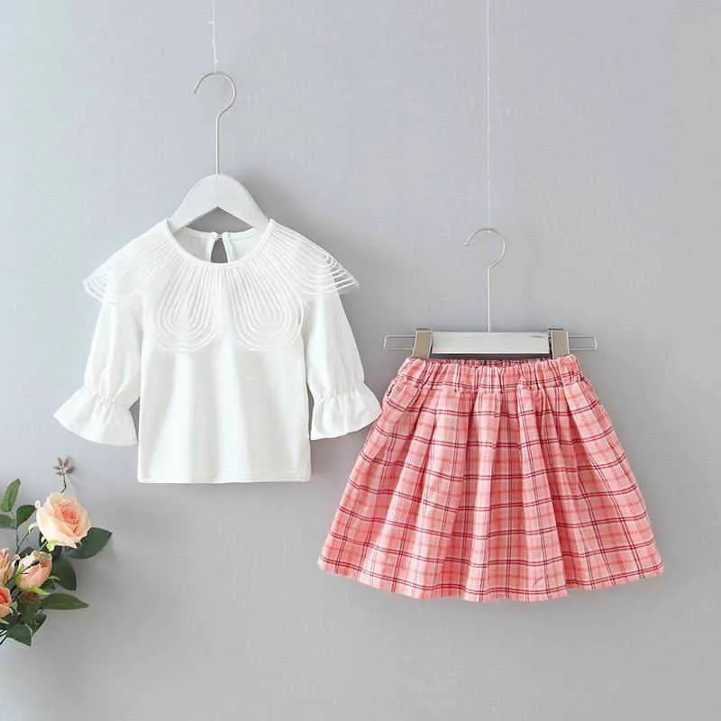 Девушки одежда набор белые большие лепестки воротник топы + красный клетчатый юбка 2шт наряды костюм малыш девушка одежда E20127 210610