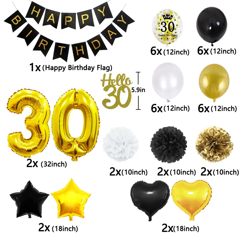 51 pièces/ensemble 30 décorations de fête d'anniversaire grande bannière heureuse femme homme déco Anniversaire 30 ans ballons dorés noirs 220217