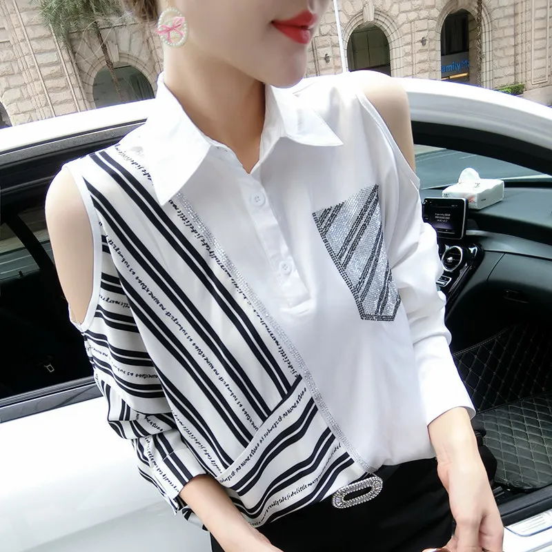 Europa Style Autunno Moda Donna Spalle scoperte Maniche lunghe Patchwork Camicia a righe Camicie da donna Camicetta Top A3681 210428