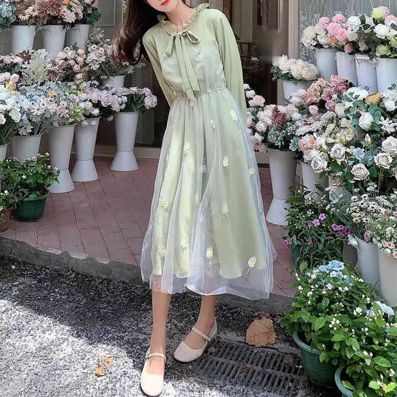 Ezgaga Zarif Elbise Kadınlar Lace Up Çiçek Örgü Patchwork Uzun Flare Kollu Japon Tarzı Yüksek Bel Elbiseler Vestidos Feminino 210430