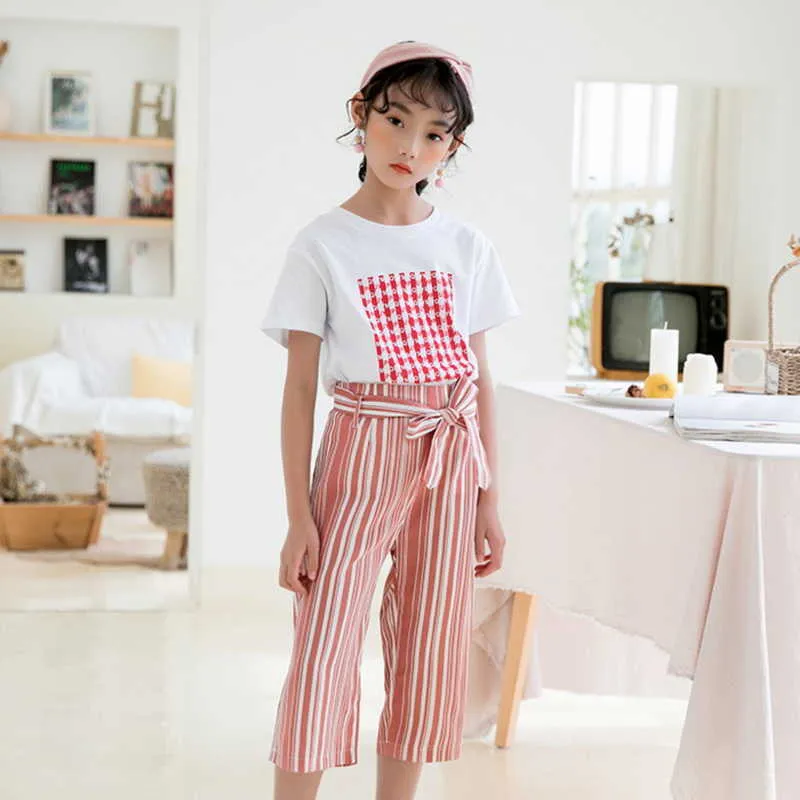 Summer Teenage Girl Sets White Shirt + red Striped Pants Kids Clothes Girls E2053 210610