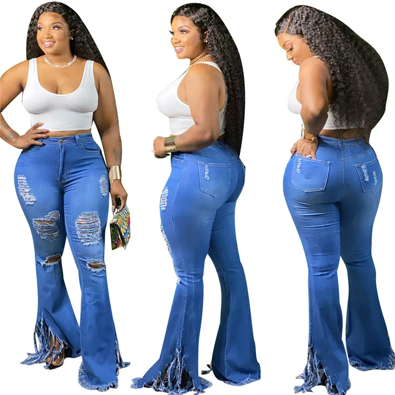 Kvinnor Jeans Bell Bottom Ripped Skinny Hole Classic High Waist Flare Denim Zipper Up Button Plus Size Trousers 210522