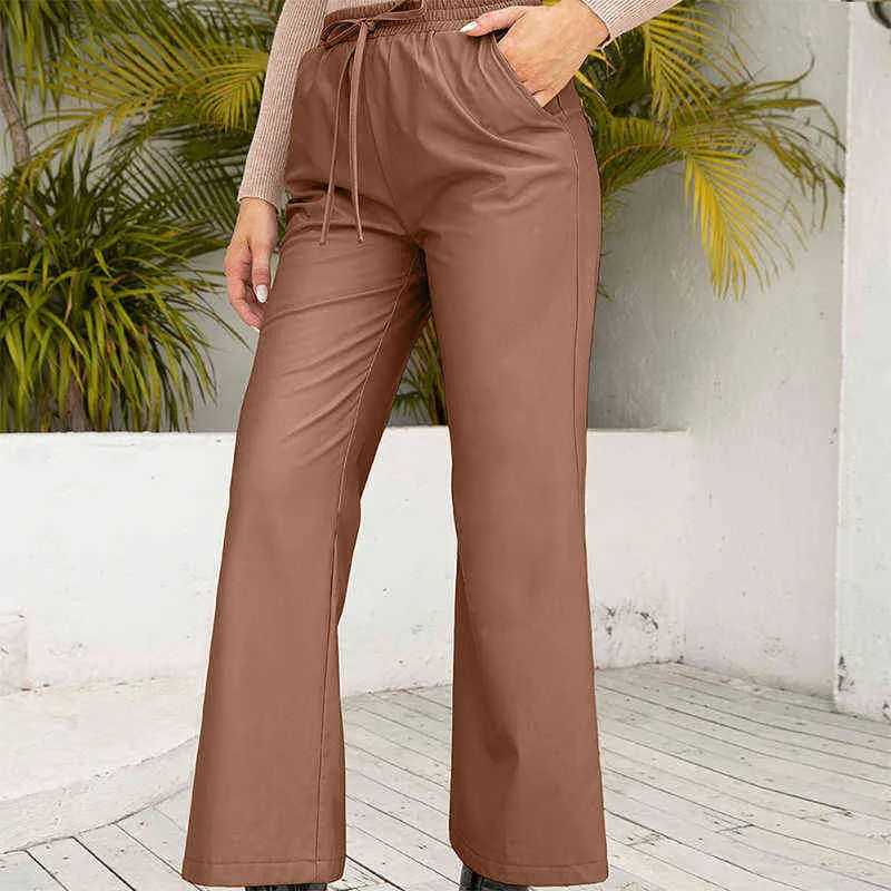 Mujeres PU Pantalones de cuero Moda Street Lady Cintura elástica Lápiz Otoño Cordón Pantalones de chándal Bolsillos Pantalones frescos GV109 211124