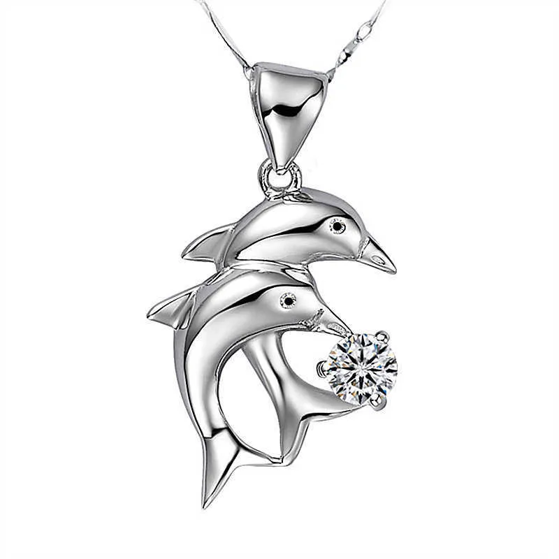 Kristall Damen Halsketten Anhänger Delphin Liebe 925 Damen Doppel Delphin Mode Silberschmuck Weihnachtsgeschenk vergoldet