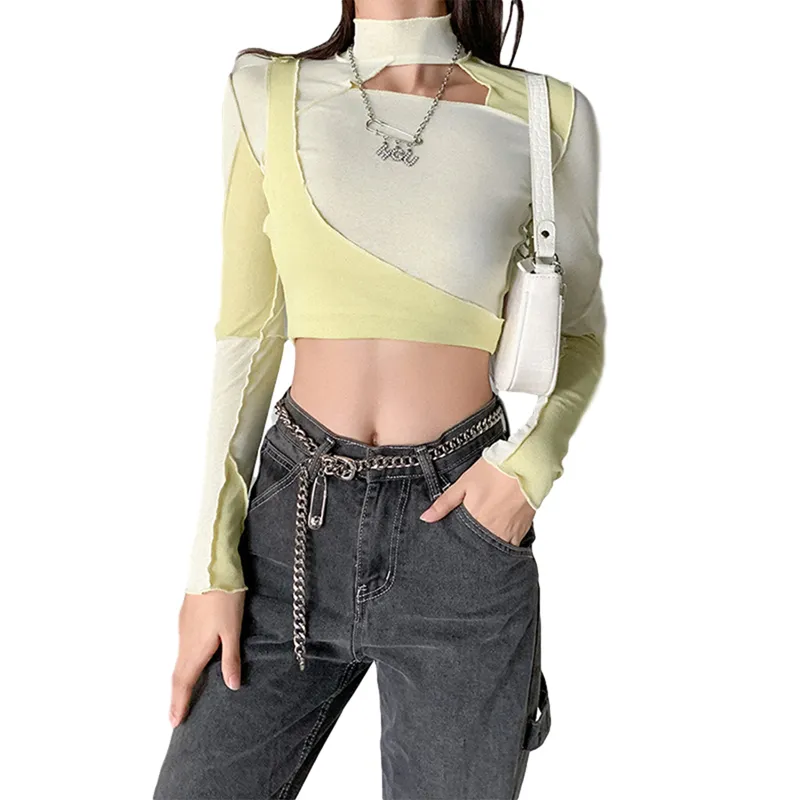 Women T-Shirt Long Sleeve Stitching Color Patchwork Turtleneck Slim Fit Short Exposed Navel Personality Ladies Streetwear 210522