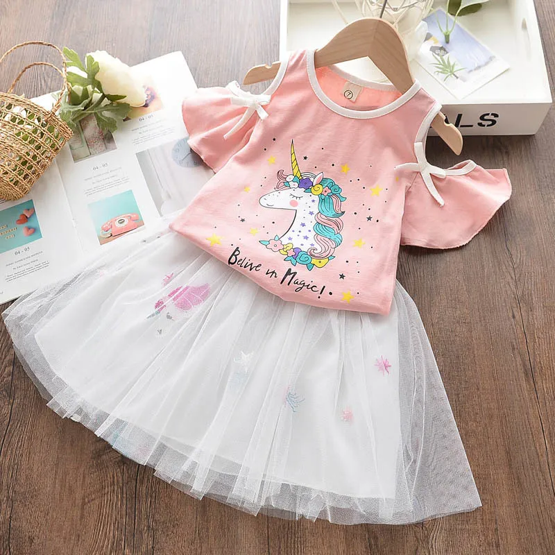 Flickor Unicorn Klänning Sommar Söt Tjej Kid Mesh Cartoon Broderi Vestidos Baby Suit Barnkläder 210429