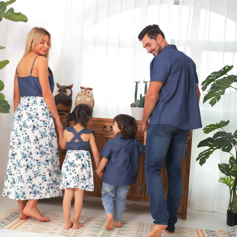 Sommer Familie passende 5-teilige Sets Blumenkleid Hemden Body Mama Papa Baby Jungen Mädchen Kleidung E322 210610
