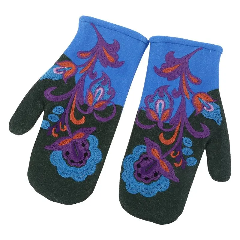 Kobiety zima Faux Cashmere ciepłe pełne palec rękawiczki Kwiatowe hafty rękawiczki T5Uf Five Fingers228i