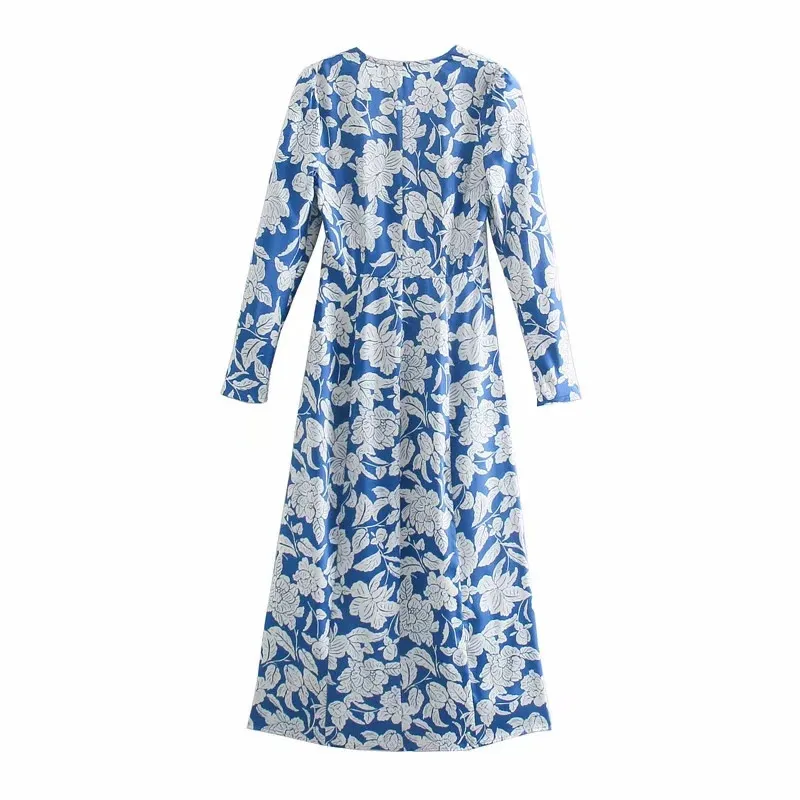 Kleid Blau Blumen Lang Damen Elegant Quadratischer Ausschnitt Ärmel Midi Damen Seitenschlitz Vintage ES 210519
