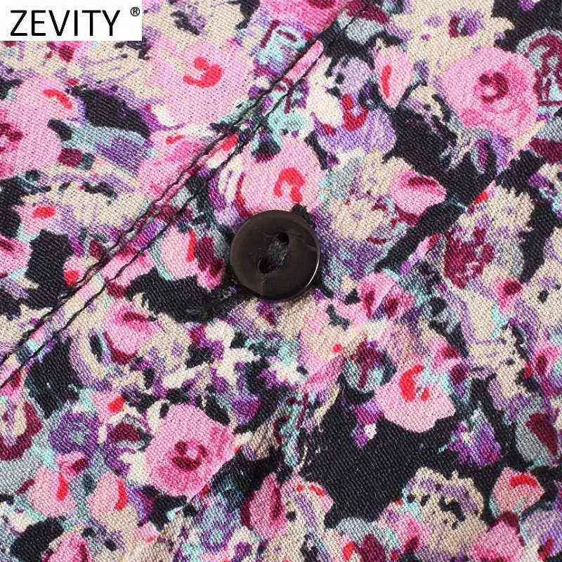 Zevity Nowe Kobiety Sweet Flower Print Pleys Design Koszula Midi Sukienka Kobieta Chic Długi Rękaw Bierowany Marka Party Vestidos DS9059 Y1204