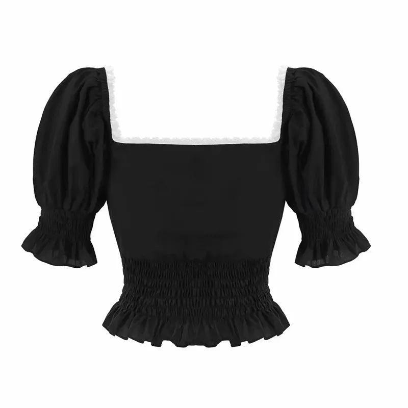 Sommer Pelpum Tunika Bluse Tops Damen Rüschen schickes schwarzes Hemd Vintage V-Ausschnitt Perlenknopf Strand 210427