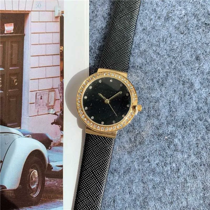 Marke Uhren Schöne Frauen Dame Mädchen Kristall Stil Zifferblatt Lederband Quarz-armbanduhr BV11243G