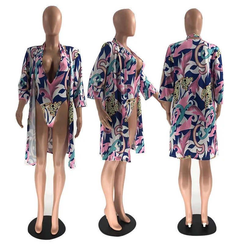 Kvinnor blommigryck bandage djup v nacke baddräkt bikini spår kostym badning baddräkt beachwear med strand täcker upp set 210525