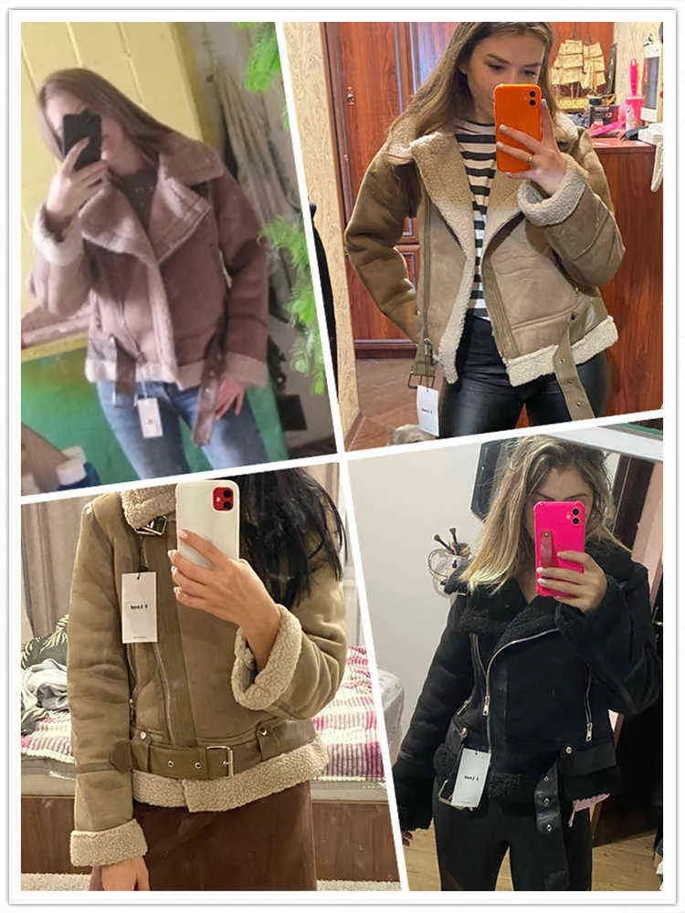 Ailegogo Winter Women Thick Warm Vintage Suede Lamb Biker Jacket Coat Chic Sashes Casual Loose Faux Leather Outwear Tops Female 220112