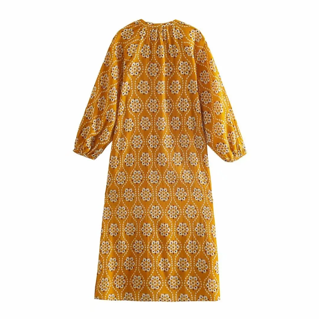 Robe d'été jaune imprimé plus taille midi es femmes manches longues soirée femme décontracté boutons avant 210430