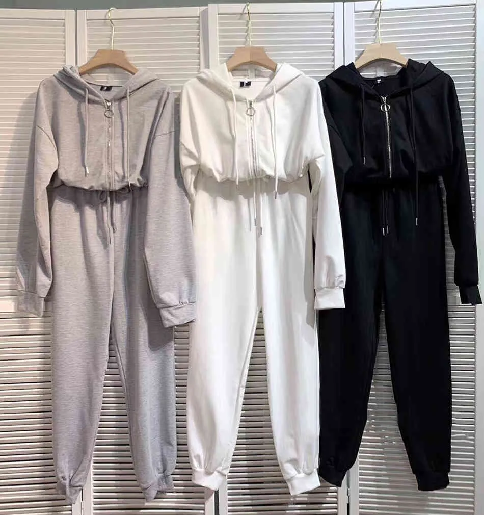 Free Women's Loose Hooded Sports Jumpsuit Casual Long Sleeve Zipper Solid Color Ladies Clothing 210524