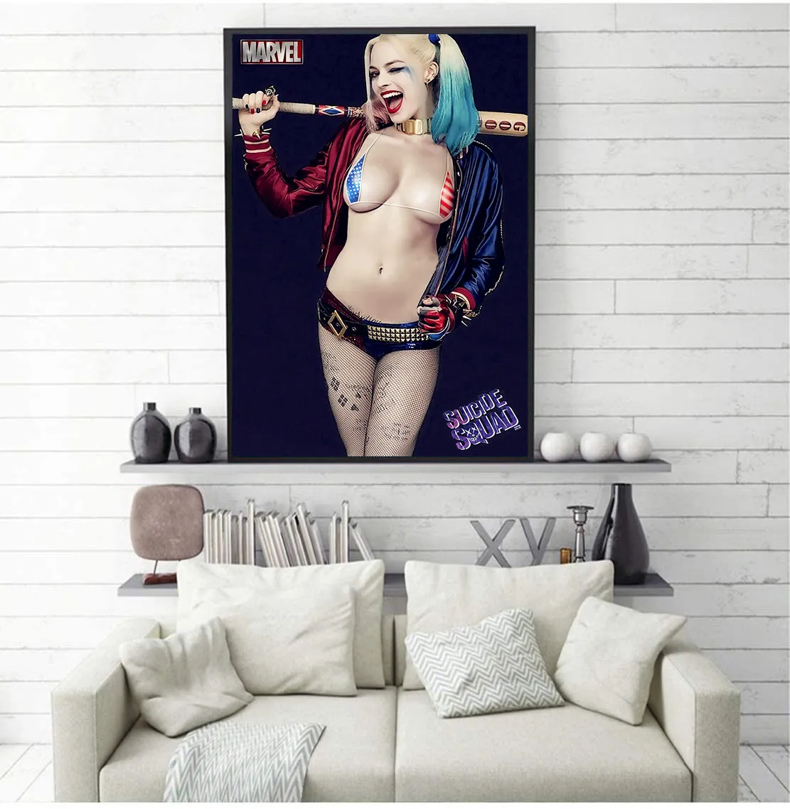 Harley Quinn Canvasaffisch Sexig sidenbild Väggdekor Rumsmålning Bild med ram