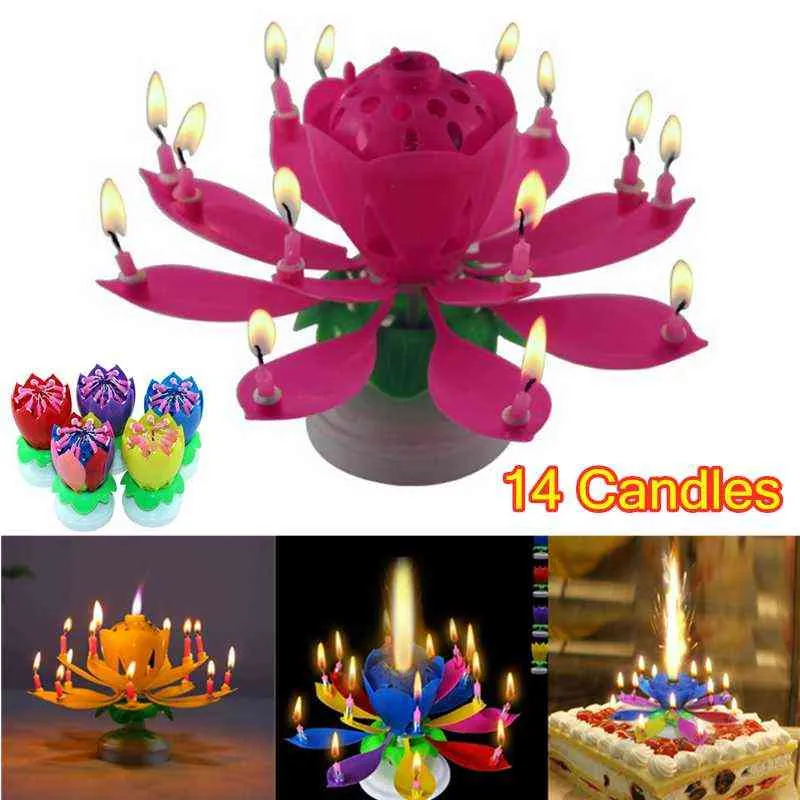Bougies musicales pour gâteau d'anniversaire avec 14 bougies, fleur de Lotus, Festival de noël, musique décorative, fête de mariage,
