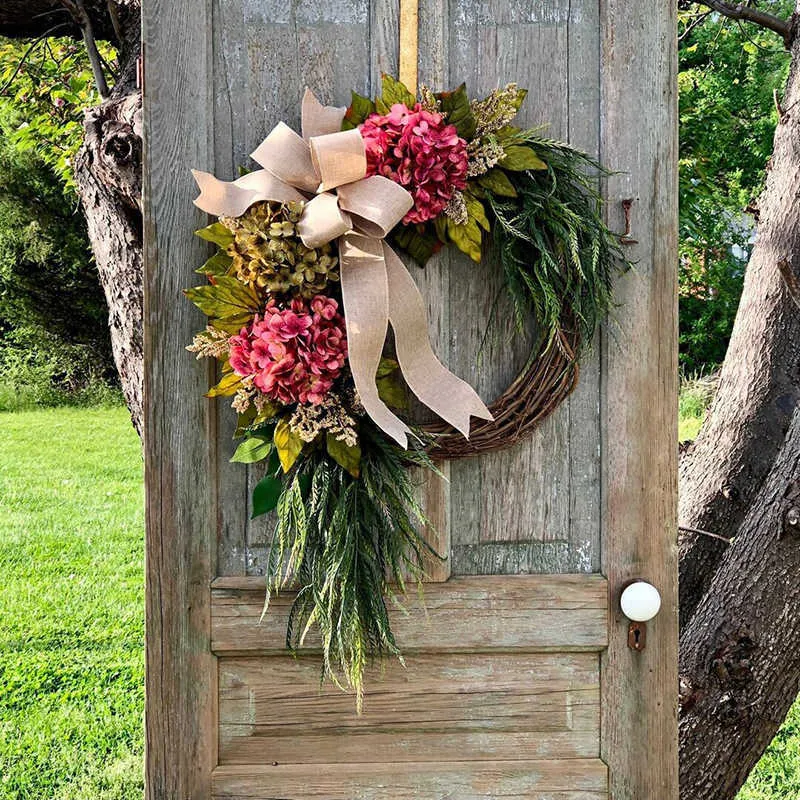 Corona de hortensias rosas de granja, decoración rústica para el hogar, guirnalda Artificial para decoración de pared de puerta delantera Q08127060179