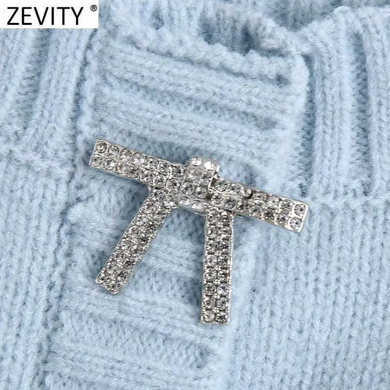 Zevity Frauen Mode Einfarbig Diamant Bogen Stricken Sling Pullover Weibliche Grundlegende Spaghetti Strap Kurze Weste Chic Crop Tops S655 210603