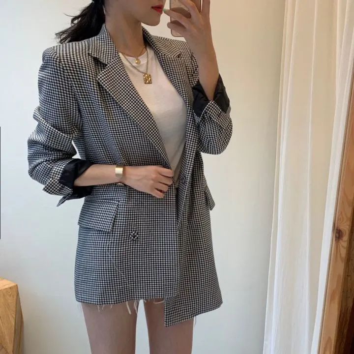 Spring Autumn Women Houndstooth Blazer Coat Vintage Long Sleeve Turn Down Collar Tunic Jacket With Pockets 210513