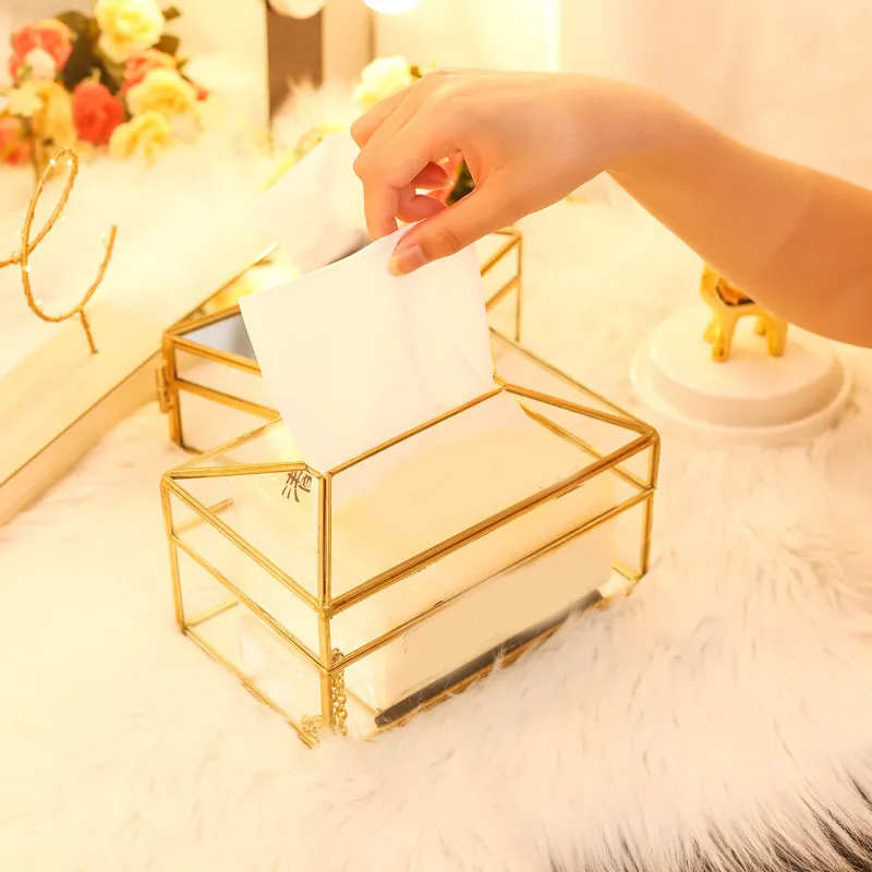 Boîte de mouchoirs de luxe en verre doré européen maison salon boîte de rangement de mouchoirs de maquillage avec couverture de miroir porte-serviettes Box-40 210326