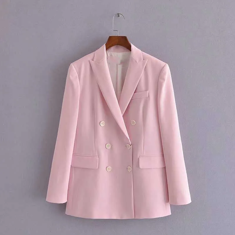 Rose Za Blazer Femmes À Manches Longues Double Bouton Bouton Vintage Blazers Manteau Féminin Chic Faux Poche Poche Survêtement Top 210602