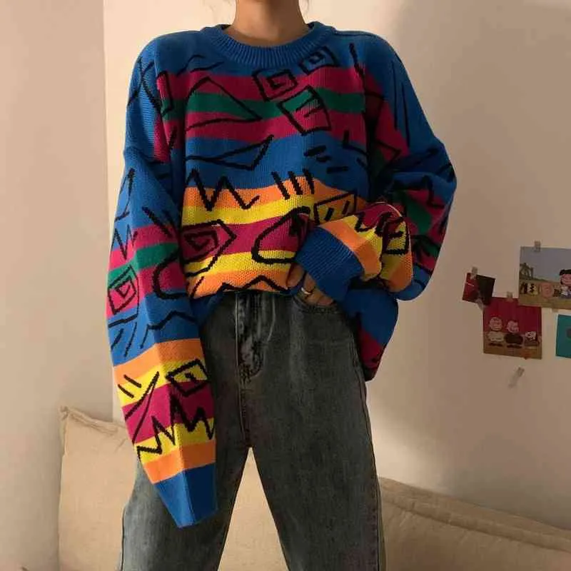 Chic retro estilo loco suelto pull femme graffiti amante arco iris rayado suéter de punto o cuello manga larga parche pulllover 211215