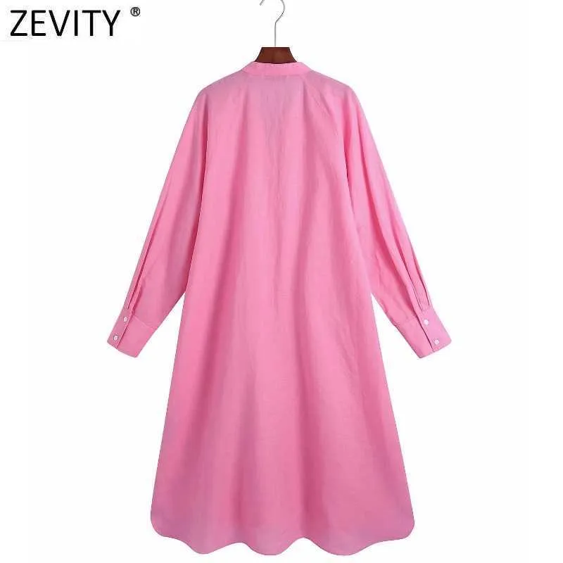 Zevity Frauen Mode V-ausschnitt Einfarbig Casual Lose Hemd Kleid Weibliche Chic Einreiher Gerade Business Vestidos DS8338 210603
