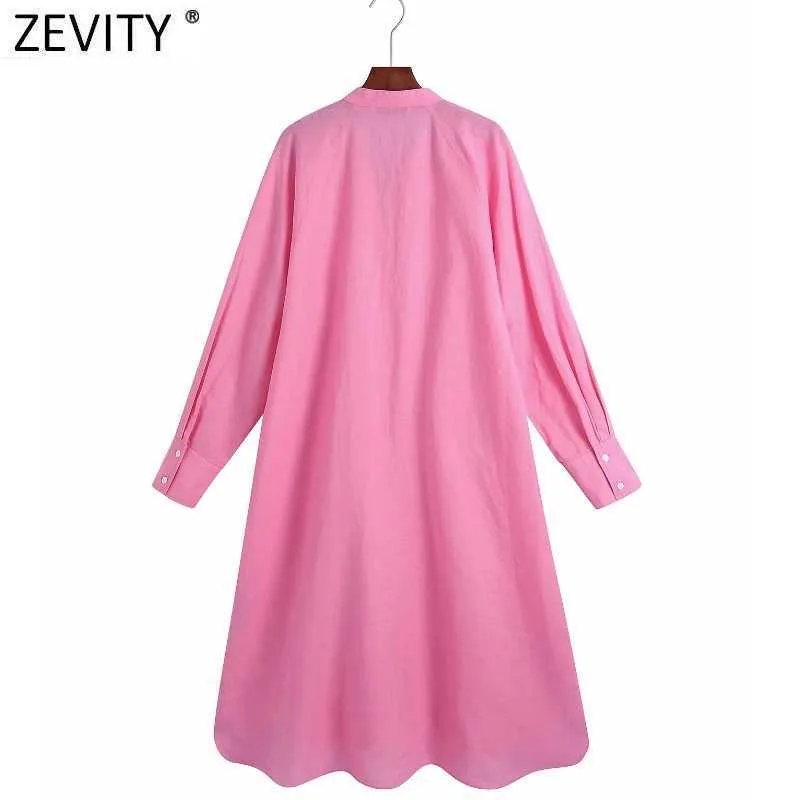 Zevity kvinnor mode v nacke solid färg casual lös tröja klänning kvinnlig chic singel breasted raka affärer vestidos ds8338 210603