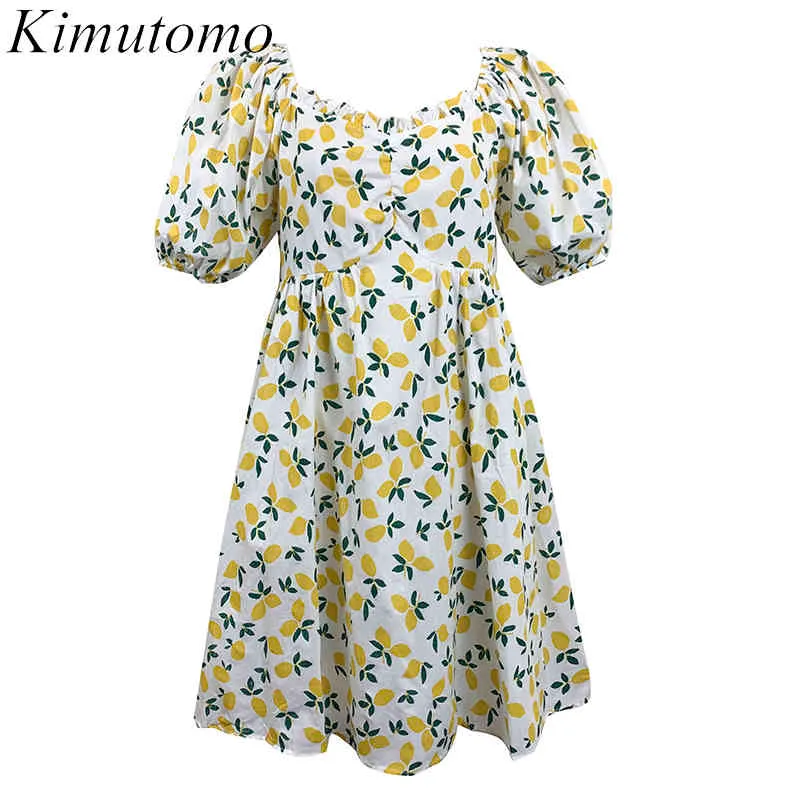 キムトモシックな花のドレスの女性からショルダースラッシュネックショートパフスリーブスリムハイウエストローブ女性甘い夏210521