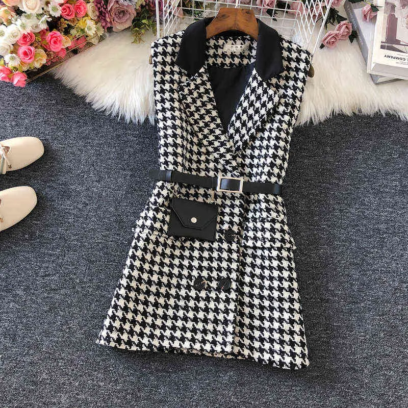 Herfst Winter Houndstooth Wollen Vest Vrouwen V-hals Samll Geur Double Breasted Vaillat 211220