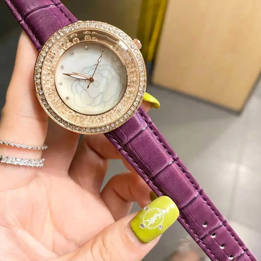 Marke Uhren Frauen Mädchen Kristall Blume Stil Lederband Quarz-armbanduhr CHA62