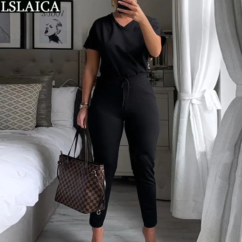 Plus Size Set Mulheres Manga Curta V Pescoço TopLong Calças Dois Roupas para Sólido Slim Fitness Tracksuit 210520