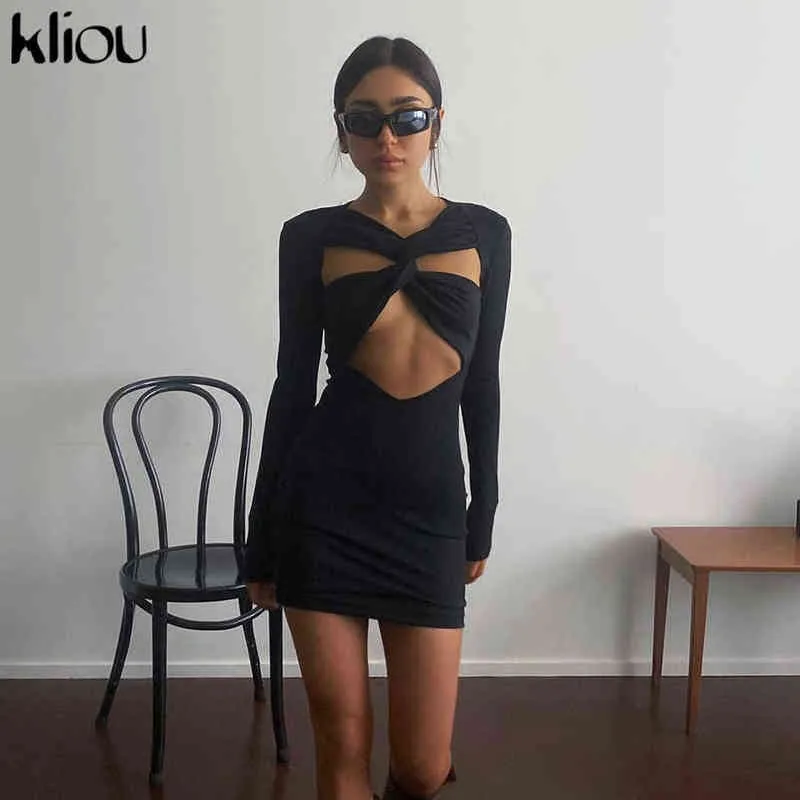 Kliou uniek ontwerp mini-jurk vrouwen mode asymmetrische uitgehold splitsing rok hipster lange mouw vrouwelijke hoge streetwear y1204