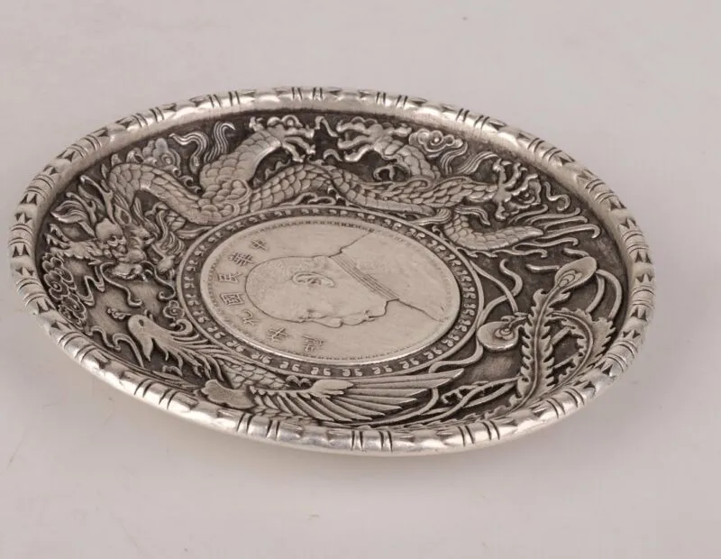 Chinese Vintage Handmade Carving Dragon Phoenix Plate Silver Copper Collection3387764