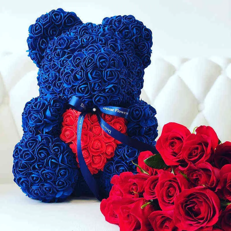 40 cm artificielle Rose coeur ours en peluche à la main ours de Roses pour les femmes saint valentin mariage anniversaire cadeau goutte 211108