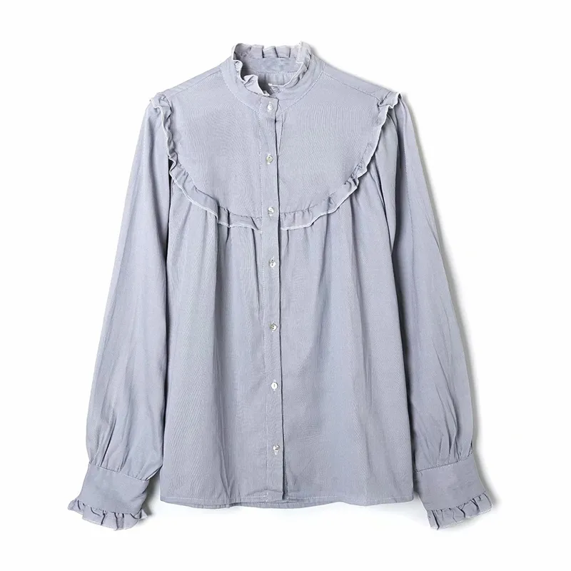 Elegantes mujeres volantes camisas moda damas gris rayas tops dulce hembra chic algodón 100% blusa suelta chica camisa 210427