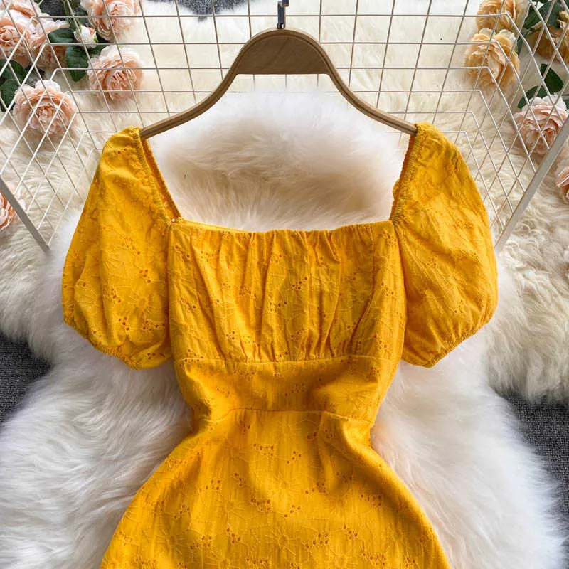 Sexy Yellow/Blue Hollow Out Mini Dress Women Square Collar Short Sleeve High Waist Ruffle Vestidos Vacation Beach Female 2021 Y0603