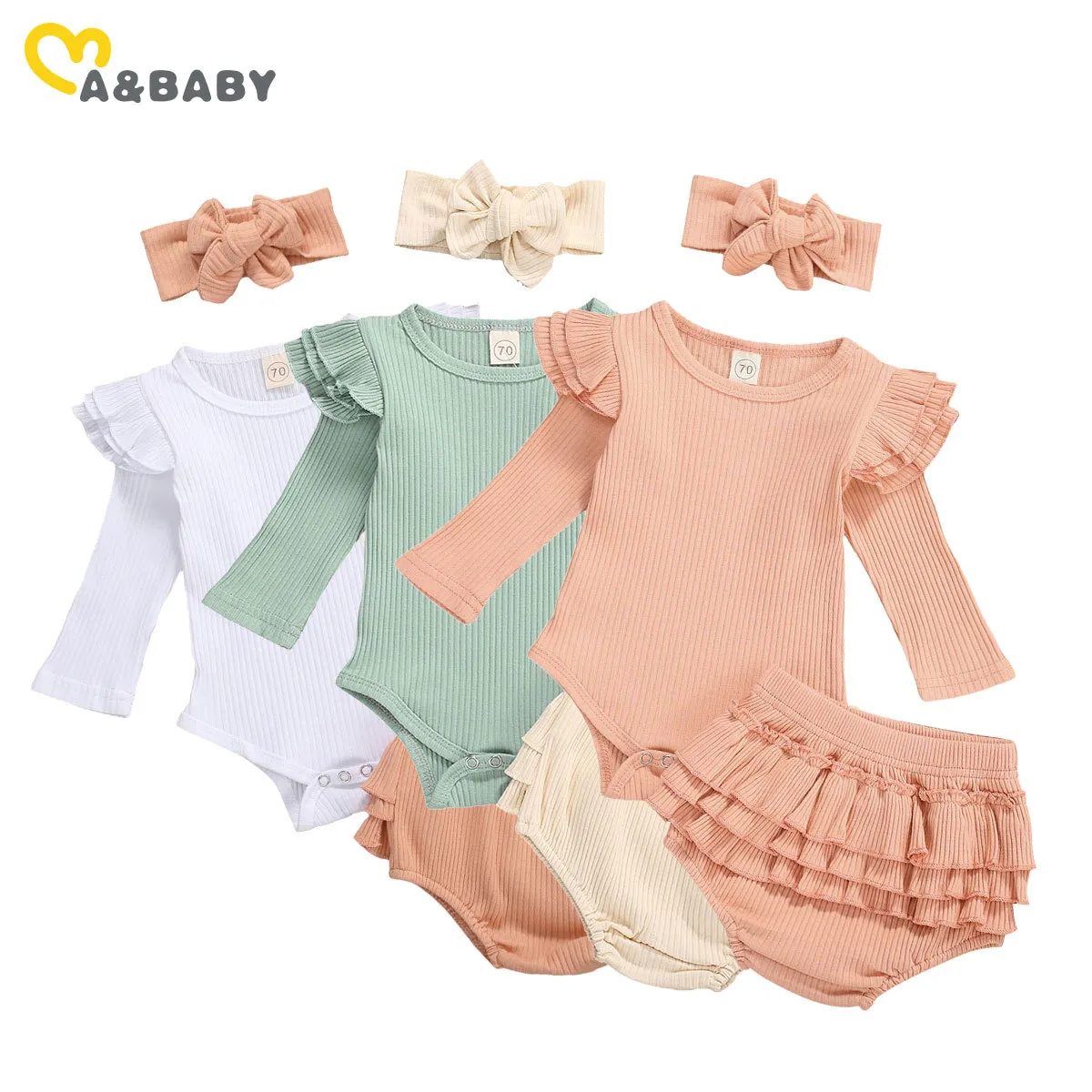 0-18m geboren baby baby meisjes gebreide kleding set zachte lange mouw romper ruches shorts bloomer herfst winter outfits 210515