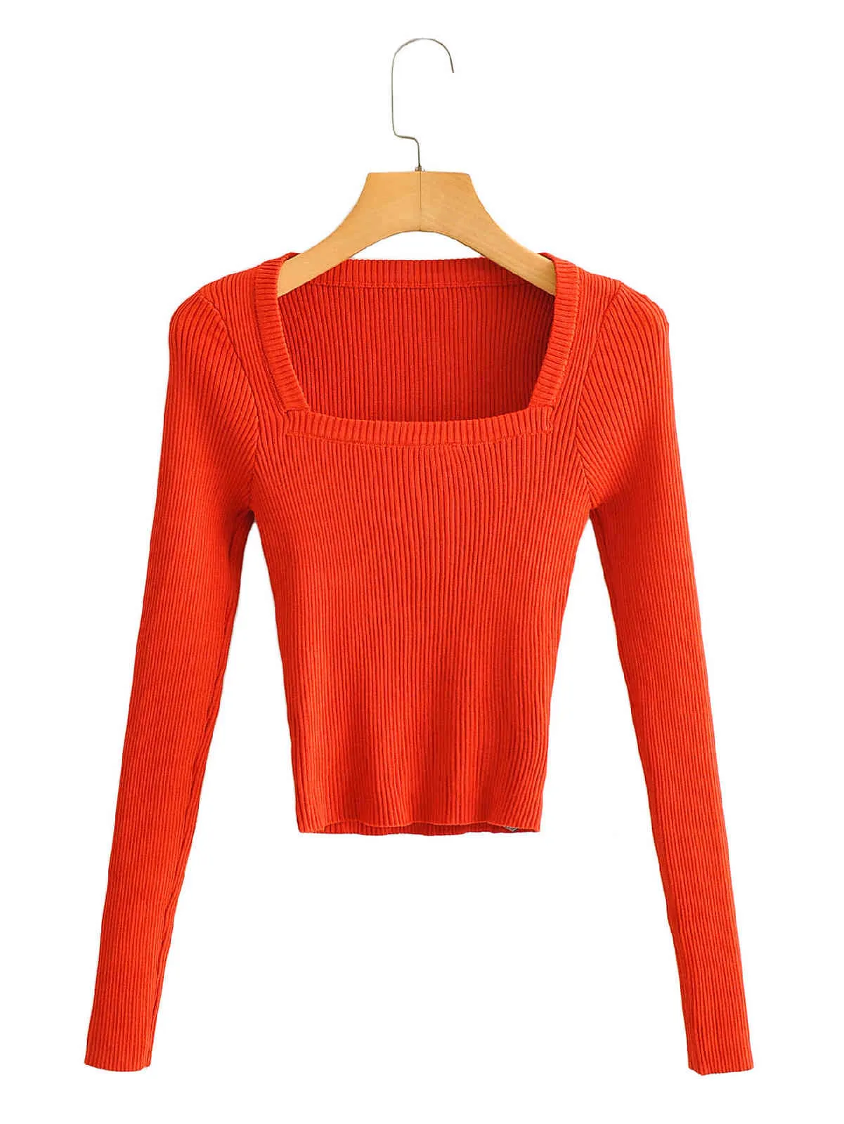 Ezgaga Stickad tröja Kvinnor Höst Ny Fyrkantig Krage Långärmad Pullover Base Solid Inside Office Lady Tunn Slim Vintage Red 210430