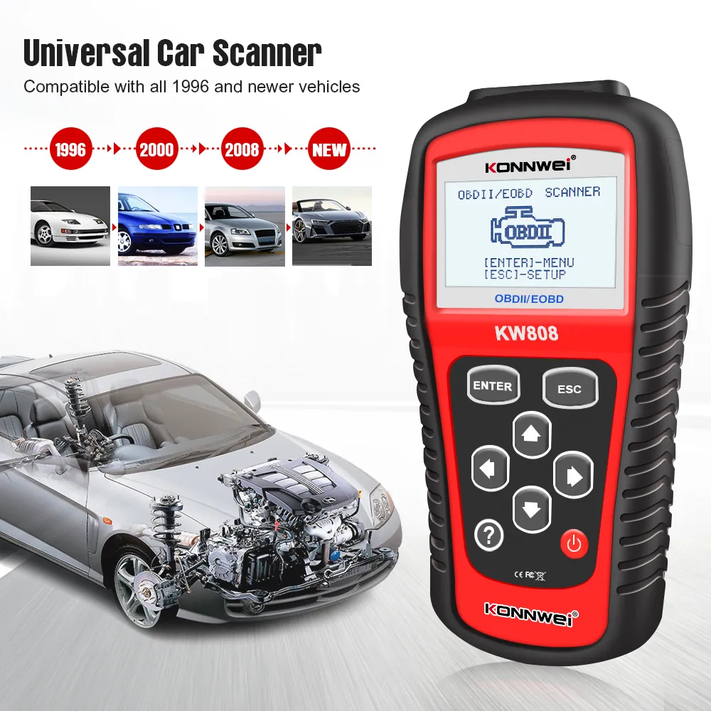 Konnwei KW808 OBD -bildiagnostiska verktygsskanner OBD2 Auto Automotive Engine Fualt Reader