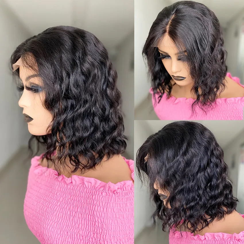 Brasilianska naturlösa djupa våg transparent 4x4 spetslåsning Curly Wigs Glueless för svarta kvinnor Mänskliga hår kort Bob