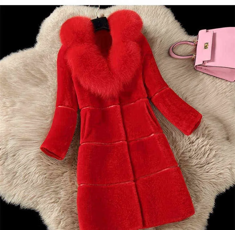 Chaqueta con cuello de piel para mujer Otoño Invierno abrigo de lana sintética abrigo largo de cuero cálido 211220