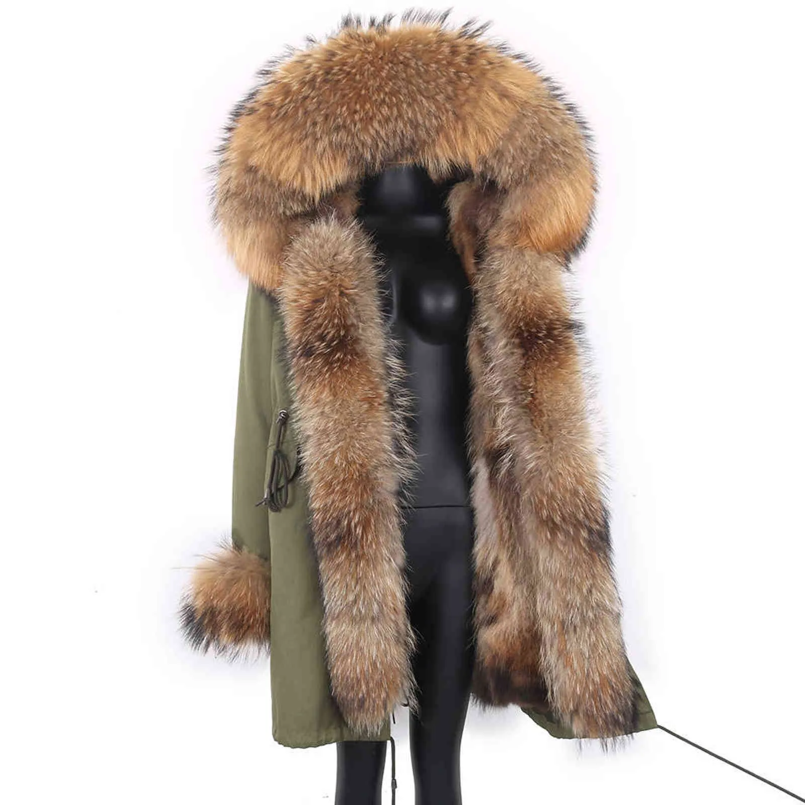 Cappotti e giacche invernali da donna Parka lungo impermeabile Cappuccio in pelliccia di procione rimovibile Fodera vera calda 211124