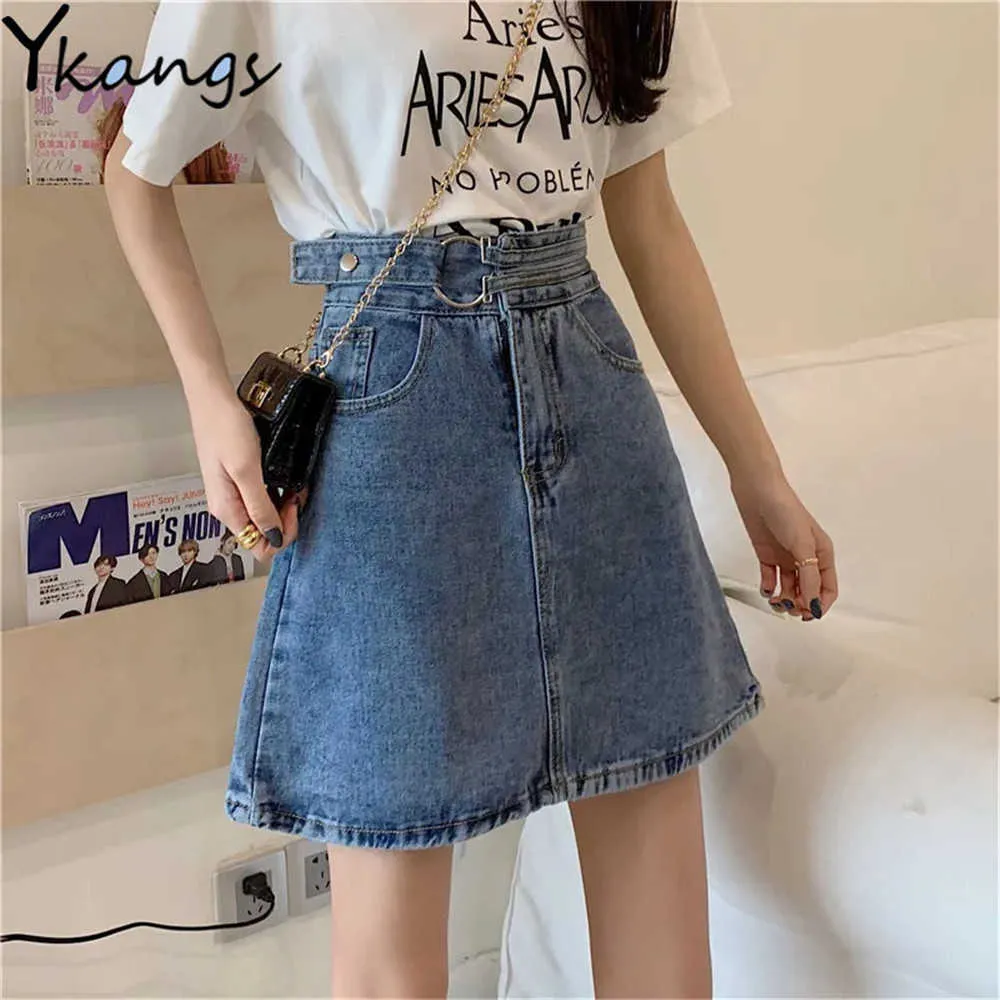 Vintage Mini A-Line Jean Rok Women Summer Hoge Taille Korte denimrok voor studenten Koreaanse dames Katoen Wild Daily Streetwear 210619