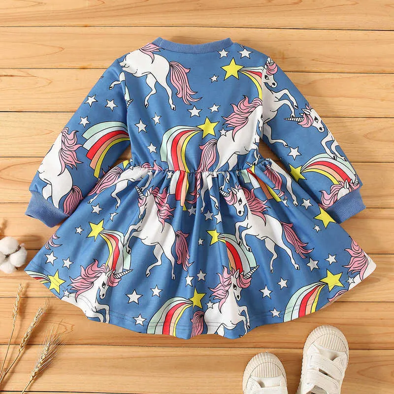 Ins baby девушки повседневное платье единорога радуга шаблон одежды одежда мода дизайнерская хлопчатобумажная одежда 210529