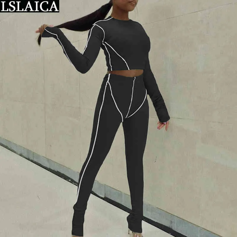 Two Piece Set Women Bodycon Long Sleeve ONeck Autumn Tracksuit Fashion Solid Fitness Sets Gym Clothes Outfit Matching 210515